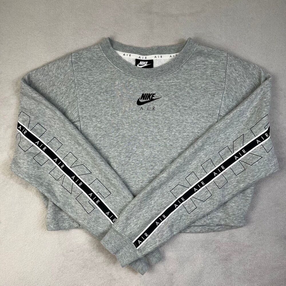 Nike Air Womens Cropped Crewneck Sweatshirt M Heather Gray CJ3115-063 Tape Logo